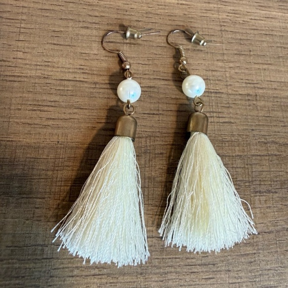 Ivory Tassel Drop Earrings w/ Pearl Accent Boho Chic